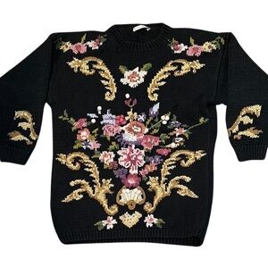 Vintage Knitted By Hand Black Crew Neck Sweater with Floral Embroidery Sz Med
